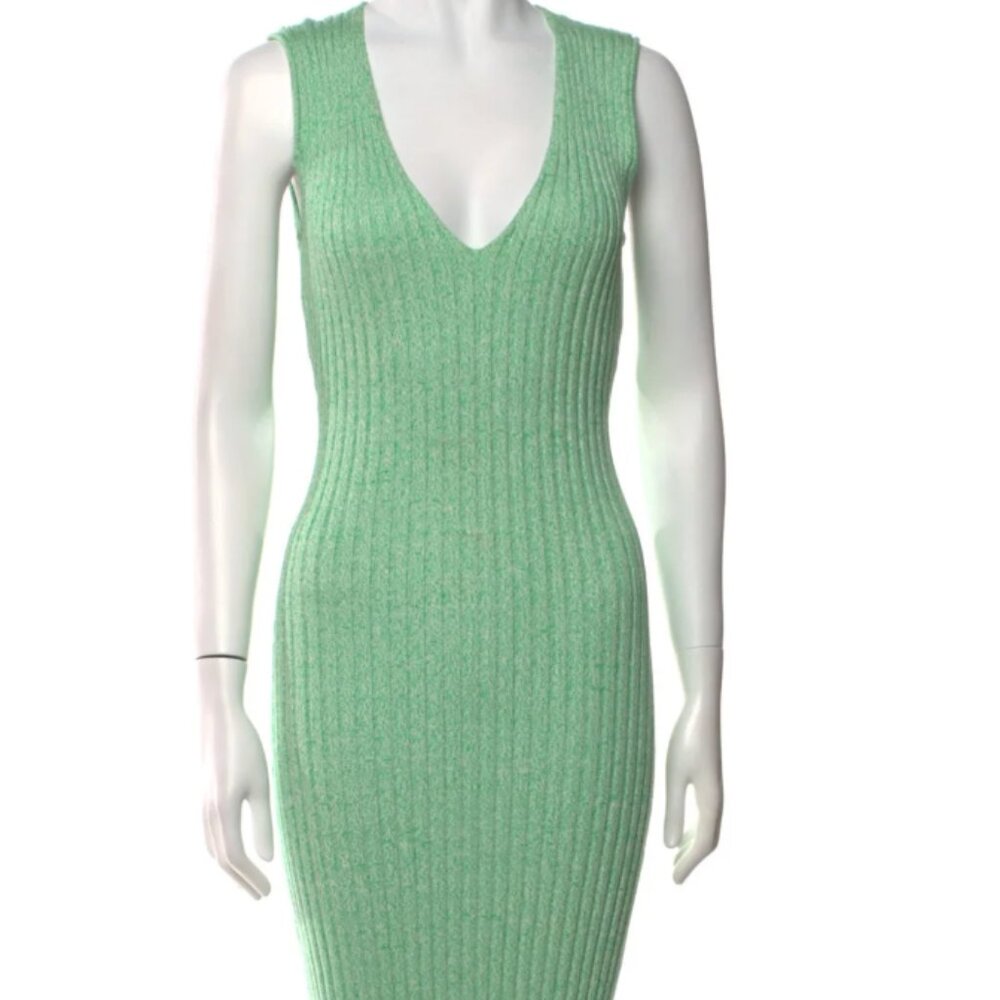 S - Ronny Kono V neck Bodycon Light Green Knitted Midi Dress